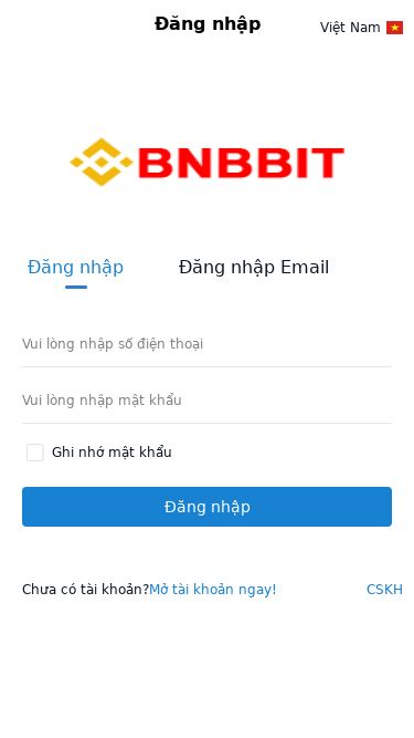 Screenshot 05/05/2025 bnbbit.vip Đăng nhập Please enable JavaScript to continue.  Đăng nhập Việt Nam English Việt Nam Đăng nhập Đăng nhập Email Vui lòng nhập số điện thoại Vui lòng nhập mật khẩu Ghi nhớ mật khẩu Đăng nhập Chưa có tài khoản? Mở tài khoản ngay! CSKH Trang chủ Thị trường Chi tiết Tài sản Cancel Cancel OK