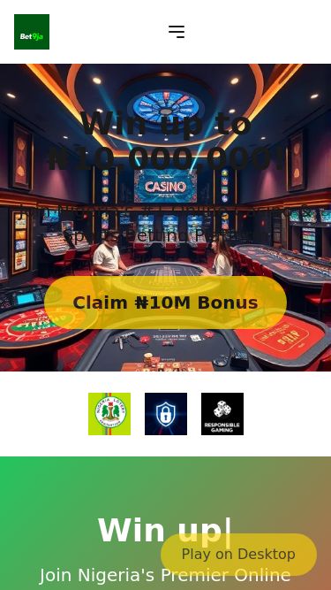 Screenshot 13/03/2025 bet9ja-ng.bet Bet9ja Nigeria: Win ₦10M | Top Online Casino & Sports Betting SportsCasinoLive CasinoPromotionsVIP LoginRegister Win up to ₦10,000,000! Join Nigeria's #1 Online Casino & Sports Betting PlatformClaim ₦10M Bonus Wi| Join Nigeria's Premier Online Casino & Sportsbook Claim Your Bonus Now Join + Nigerian Players! Exclusive 150% Welcome Bonus Get 150% Match on Your First Deposit! Make your first deposit and we'll triple your playing power. Start winning big today! Daily Free Spins for Active Pla