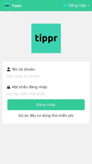 Screenshot 20/04/2025 tippr.club Tippr Tippr Tiếng Việt Tên tài khoản Mật khẩu đăng nhập Đăng nhập Dự án đầu tư dùng thử miễn phí 1 2 3 4 5 6 7 8 9 0