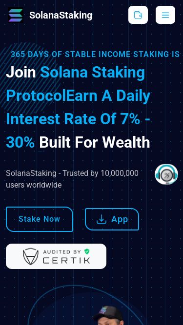 Screenshot 06/03/2025 sol-88.com SolanaStaking SolanaStaking Home Advantages How to Start PlansMoreStake NowSolanaStaking365 days of stable income Staking is simple Security CertificationJoin Solana Staking ProtocolEarn a daily interest rate of 7% - 30% Built for WealthSolanaStaking - Trusted by 10,000,000 users worldwideStake Now AppAdvantagesPlatform AdvantagesSolanaStakingStake NowFixed PercentageThe system automatically sets and accrues dividends on the deposit, depending on its amount.View TariffsReliability GuaranteeThe investor's fu