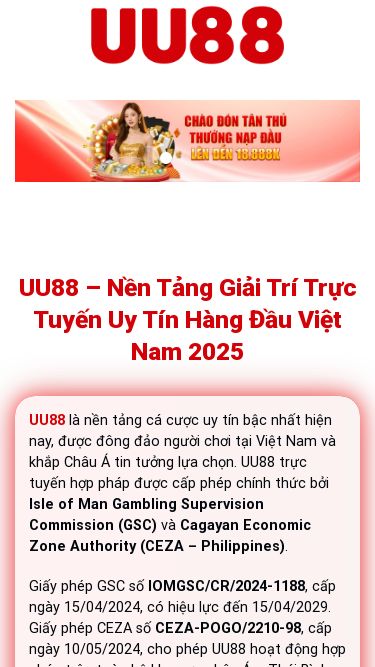Screenshot 02/11/2025 uu88.casa UU88 – Nhà Cái Cá Cược Uy Tín - Bảo Mật Hàng Đầu Châu Á 2025 Skip to content TRANG CHỦ Casino Nổ Hũ Thể thao Bắn Cá Xổ Số Đá Gà Khuyến mãi HƯỚNG DẪN UU88 – Nền Tảng Giải Trí Trực Tuyến Uy Tín Hàng Đầu Việt Nam 2025 UU88 là nền tảng cá cược uy tín bậc nhất hiện nay, được đông đảo người chơi tại Việt Nam và khắp Châu Á tin tưởng lựa chọn. UU88 trực tuyến hợp pháp được cấp phép chính th