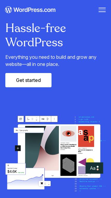 Screenshot 24/03/2025 wordpress.com WordPress.com: Build a Site, Sell Your Stuff, Start a Blog & More Products Features Resources Plans & Pricing Log in Get started Menu WordPress Hosting WordPress for Agencies Become an Affiliate Domain Names Website Builder Create a Blog Newsletter Professional Email Website Design Services Commerce Enterprise WordPress  Overview WordPress Themes WordPress Plugins WordPress Patterns Google Apps WordPress.com Support WordPress News Website Building Tips Business Name Generator Logo Maker Discover New