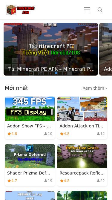 Screenshot 05/06/2025 thuvienmc.com Thuvienmc.com - ThuvienMC là web tải tất cả các addon cho Minecraft PE - MCPE miễn phí dành cho game Minecraft Mobile Pocket - MCPE Minecraft PE Home Addon (155) Resource Pack (23) Shader Pack (9) Tải game (2) MCPEDL (36) Cách cài (1) Tải Minecraft PE APK – Minecraft PE Tiếng Việt cho điện thoại Android/IOS Addon Zombie Apocalypse – Tận thế Zombie cho MCPE Newb Shader – Shader Siêu đẹp cho MCPE/Bedrock Addon From the Fog – MCPE/Crafting and Building Addon One Piece
