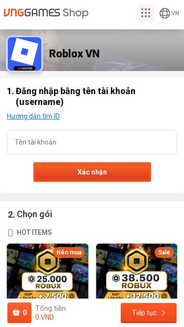 Screenshot 22/07/2026 robux3s.com Trung Tâm Nạp Robux Vng Bằng Thẻ Cào VN Roblox VN Roblox VN 1 Đăng nhập bằng tên tài khoản (username) Hướng dẫn tìm ID Xác nhận Bạn cần phải đăng nhập 2 Chọn gói Chi tiết gói Mua ngay 
