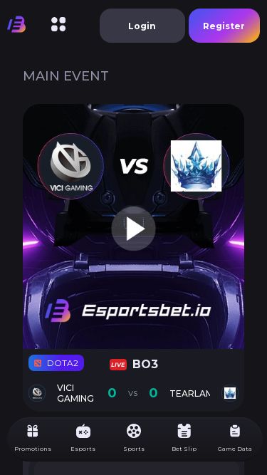 Screenshot 11/06/2025 esportsbet.io Esports Bet | Crypto Friendly Esports & Streamer Entertainment Login Register Promotions Esports Sports Bet Slip Statistics News Vod game data Main Event DOTA2 LIVE BO3 Vici Gaming 0 VS Tearlaments 0 Vici Gaming VS Tearlaments Game 1 Win (Live Odds) Vici Gaming 1.551 Tearlaments 2.379 Game 1 Duration Minutes (Live Odds) 39 Over 1.86 Under 1.86 BO3 Series Win (Live Odds) Vici Gaming 1.436 Tearlaments 2.711 Game 2 Win Vici Gaming 1.531 Tearlaments 2.456 Game 3 Win Vici Gaming 1.587 Tearlaments 2.324 Game 