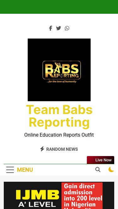 Screenshot 22/02/2025 babsreporting.com Team Babs Reporting - Online Education Reports Outfit Skip to content February 21, 2025 ABU ANNOUNCES END OF 2024/2025 ADMISSION EXERCISE EKSU ANNOUNCES 2024/25 MATRICULATION CEREMONY ASIASLOTO Situs Pusat Judi Slot Online Terbesar Indonesia Situs Slot Crypto dan Bitcoin Terbaik 2025 Team Babs Reporting Online Education Reports Outfit Random News Menu Admission Updates News Campus News About Privacy Policy Search for: Live Now Headlines ABU ANNOUNCES END OF 2024/2025 ADMISSION EXERCISE 50 minutes ago50 minu