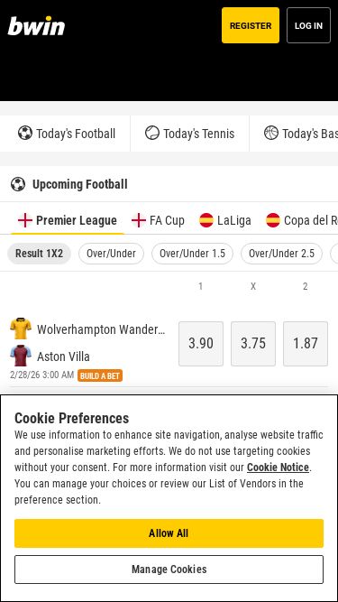 Screenshot 24/02/2026 bwin.com Online Sports Betting & Odds UK: Football, F1, More | bwin Register Log in Home Today's Football Today's Tennis Today's Basketball Today's Sport Upcoming Football Premier League FA Cup LaLiga Copa del Rey Serie A Bundesliga Ligue 1 Super Lig Jupiler Pro League UEFA Champions League UEFA Europa League UEFA Conference League EFL Cup Result 1X2 Over/Under Over/Under 1.5 Over/Under 2.5 Both teams to score? Double Chance 1X2 and both teams to score 1X2 & Over 2.5 1 X 2 Wolverhampton Wanderers Aston Villa