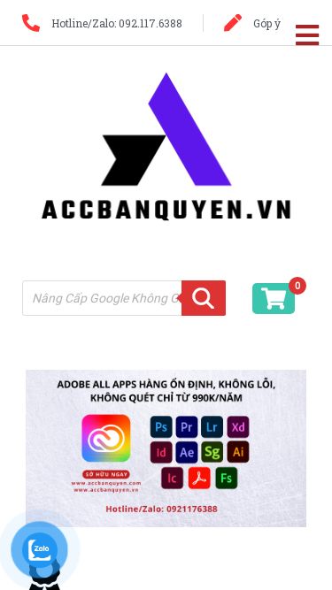 Screenshot 03/03/2025 accbanquyen.vn Accbanquyen.vn | Phần Mềm Bản Quyền Lưu Trữ Đám Mây Google Cloud Microsoft Tài Khoản VPN Nord VPN Surfshark VPN Tunnel Bear Tài Khoản VPN Khác Tài Khoản Xem Phim Netflix Disney Plus Hulu Tài Khoản Phim 18+ Tài Khoản Xem Phim Khác Key Code Bản Quyền Adobe Key Windows Key Office Dolby Atmos Key/Code Khác Phần Mềm Bản Quyền Adobe Phần Mềm Khác Dolby Atmos Tài Khoản Games Tài Khoản Games Khác Hotline/Zalo: 092.117.6388 Góp ý Tìm kiếm sản phẩm Tìm