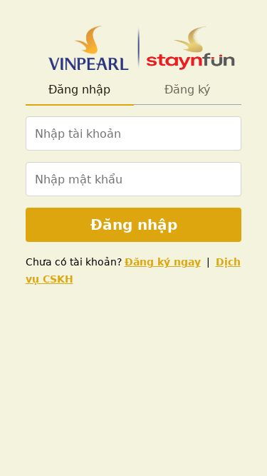 Screenshot 20/03/2025 staynfun.vinpearli.com Staynfun Đăng nhậpĐăng kýĐăng nhậpChưa có tài khoản? Đăng ký ngay|Dịch vụ CSKH