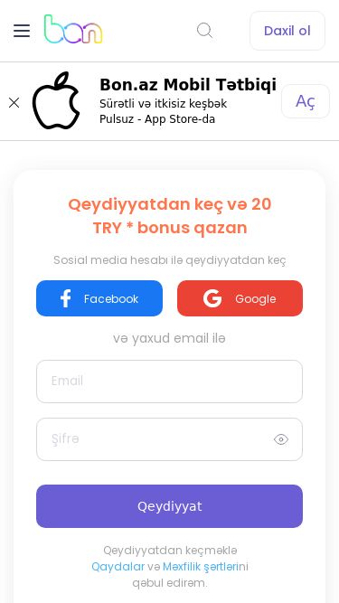 Screenshot 09/05/2025 bonapi.link Türkiyə, Amerika, Çin və Rusiya saytlarından geri pul qazan | Bon.az Brauzer əlavəsi ABŞ Azərbaycan Türkiyə AZ AZ TR EN Daxil ol Qeydiyyat Ana səhifə Mağazalar Kuponlar Məhsullar Xəbərlər Sual-Cavab Visa kart əldə et Dostunu dəvət et ABŞ Azərbaycan Türkiyə Daxil ol Online ödənişlərdə pulunuzun 50%-ə qədərini geri qaytarırıq! Qeydiyyatdan keç və 20 TRY * bonus qazan Sosial media hesabı ilə qeydiyyatdan keç Facebook Google və yaxud email ilə Qeydiyyat Qeydiyyatdan ke