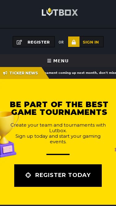 Screenshot 09/03/2025 lutbox.net Lutbox Gaming - lutbox.net Register or Sign in Remember Me Lost your password? GO Sign up Toggle navigation MENU HomeTournamentsTournamentsMatchesTeamsMembersBlogShopContact  Ticker News Don't forget to follow us on Discord and Twitter! New tournament coming up next month, don't miss out Giveaway for best 2021 gameplays Youtube new channel is live!   Be part of the best game tournamentsCreate your team and tournaments with Lutbox.Sign up today and start your gaming events. Register Today Latest TournamentsL