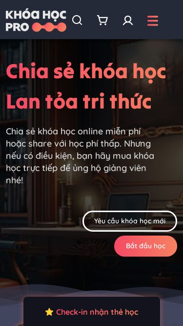 Screenshot 22/05/2025 khoahocpro.me Khóa Học Pro - Chia Sẻ Khóa Học Online - Lan Tỏa Tri Thức Level: Khách Đăng nhập để sử dụng tính năng này Tất cả khóa học Đăng nhập ngay để sử dụng tính năng này Giỏ khóa học Chưa có khóa học nào trong giỏ Xem giỏ Tất cả khóa học Đăng nhập ngay để sử dụng tính năng này Chia sẻ khóa họcLan tỏa tri thức Chia sẻ khóa học online miễn phí hoặc share với học phí thấp. Nhưng nếu có điều kiện, bạ