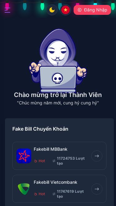 Screenshot 13/05/2025 bank.taobillgia.com Tạo fake bill chuyển khoản | Công Cụ Tạo Bill CK Miễn Phí, Giao ... - Fake Bill Chuyển Khoản Trang Chủ Hệ Thống Fake Bill Fake Bill Chuyển Khoản Fake Bill Số Dư Fake Bill Biến Động Thuê APP Bank Ảo Thiết Bị iPhone/Android Hệ Thống Fake CCCD Fake CCCD 2 Mặt Tạo QR CCCD Zalo Fake Hộ Chiếu Tạo Vé Máy Bay Vé máy bay VNA Tạo Vé máy bay VJA Tăng Tương Tác MXH Thuê Gói VIP Kho Mã Nguồn Liên Hệ Hỗ Trợ Công Cụ Tạo Bill CK Miễn Ph