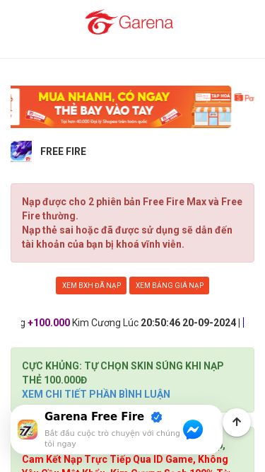 Screenshot 09/07/2025 kimcuongx5.fun KIMCUONGX5.FUN | Trang Nạp Thẻ Free Fire Nhận Quà Uy Tín Nhất Việt Nam 2025 | Đã Xác Minh | Nạp Chính Thức Previous Next Free Fire Nạp được cho 2 phiên bản Free Fire Max và Free Fire thường. Nạp thẻ sai hoặc đã được sử dụng sẽ dẫn đến tài khoản của bạn bị khoá vĩnh viễn. XEM BXH ĐÃ NẠP XEM BẢNG GIÁ NẠP [Chúc Mừng] ID 218491**** Đã Nạp Thành Công +28.300 Kim Cương Lúc 20:50:47 20-09-2024 | [Chúc Mừng] ID 822248**** 
