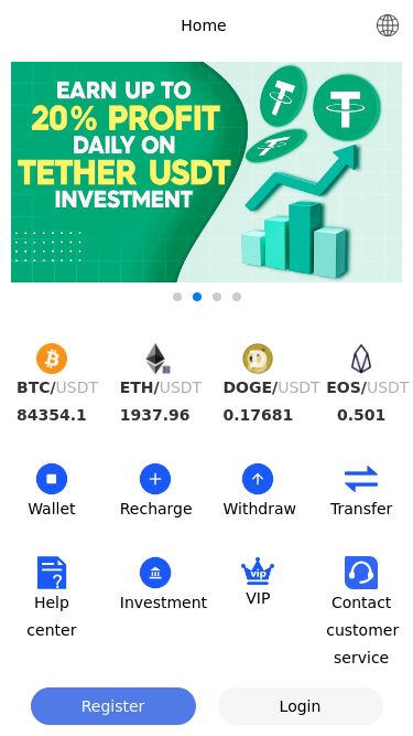 Screenshot 15/03/2025 ktwan.com Home BTC/USDT 84354.1 ETH/USDT 1937.96 DOGE/USDT 0.17681 EOS/USDT 0.501 LTC/USDT 92.92 BCH/USDT 342 XRP/USDT 2.4292 ETC/USDT 18 BSV/USDT 34.28 ADA/USDT 0.7494 FIL/USDT 2.939 TRX/USDT 0.2231 UNI/USDT 6.131 LINK/USDT 14.087 SOL/USDT 134.82 AAVE/USDT 173.32 Wallet Recharge Withdraw Transfer Help center Investment VIP Contact customer service Currency Latest price BTC/USDT 84354.1 ETH/USDT 1938.29 DOGE/USDT 0.1768 EOS/USDT 0.501 LTC/USDT 92.92 BCH/USDT 342 XRP/USDT 2.429 ETC/USDT 18 BSV/USDT 34.28 ADA/USDT 0.74