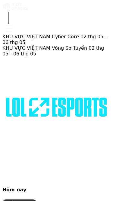 Screenshot 02/05/2025 vongloaikhuvuc.riot.vn LoL Esports | LỊCH TRÌNH mainLogoRiotFist21 ✕ TRANG CHỦ PHẦN THƯỞNG TIN TỨC Giải Cyber Core Giải Vòng Sơ Tuyển ☰ KHU VỰC VIỆT NAM Cyber Core 02 thg 05 - 06 thg 05 KHU VỰC VIỆT NAM Vòng Sơ Tuyển 02 thg 05 - 06 thg 05 Hôm nay BÁO DANH CG9 BBK BÁO DANH Trận 1 CYBER CORE BO1 BÁO DANH BGS CAG BÁO DANH Trận 2 CYBER CORE BO1 BÁO DANH TCG NMP BÁO DANH Trận 3 CYBER CORE BO1 BÁO DANH ZGC IMS BÁO DANH Trận 4 CYBER CORE BO1 Ngày 04/05 THẮNG TRẬN 1 THẮNG TRẬN