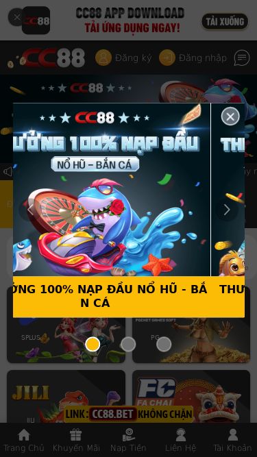 Screenshot 22/03/2025 cc88.bet CC88THƯỞNG 100% NẠP ĐẦU NỔ HŨ - BẮN CÁTHƯỞNG 100% NẠP LẦN 2 NỔ HŨ - BẮN CÁNỔ HŨ - BẮN CÁ NẠP 200K TẶNG 100K MỖI NGÀYĐăng kýĐăng nhập