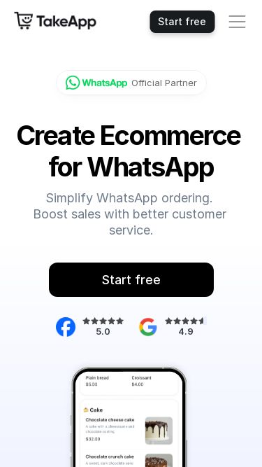 Screenshot 30/04/2025 take.app Take App - Ecommerce for WhatsApp Start free Official Partner Create Ecommerce for WhatsApp Simplify WhatsApp ordering. Boost sales with better customer service. Start free 5.0 4.9 Simplify WhatsApp Ordering WhatsApp Order Form Customers independently place orders through WhatsApp, specifying their choices and scheduling, which minimizes repetitive inquiries Learn more #101 Ron $43.00 03 Mar 2024 10:56 COMFIRMED PAID #100 Bora $85.00 02 Mar 2024 10:41 PENDING UNPAID #99 Dohun $32.00 02 Mar 2024 22:13 CANCEL
