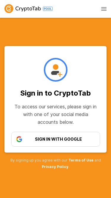 Screenshot 10/03/2025 app.ctpool.net CryptoTab PoolYou need to enable JavaScript to run this app.SupportSign in to CryptoTabTo access our services, please sign in with one of your social media accounts below.SIGN IN WITH GOOGLEBy signing up you agree with our Terms of Use and Privacy Policy.