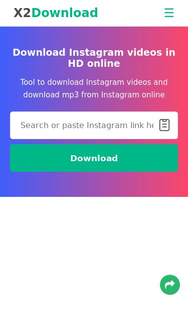 Screenshot 18/03/2025 x2download.com Download Instagram video fast, download mp3 from Instagram, convert high quality Instagram to mp3 X2Download ☰ Instagram Downloader Instagram to MP3 Facebook Downloader Get Link Fshare English English Tiếng Việt العربية čeština Deutsch Español Français हिन्दी‎ Bahasa Indonesia‬ Italiano 日本語 한국어 Polski‎ Português Română Русский ภาษาไทย Türkçe‬ Українська‬ 简体中文 繁體中文 Download Instagram videos in HD online Too