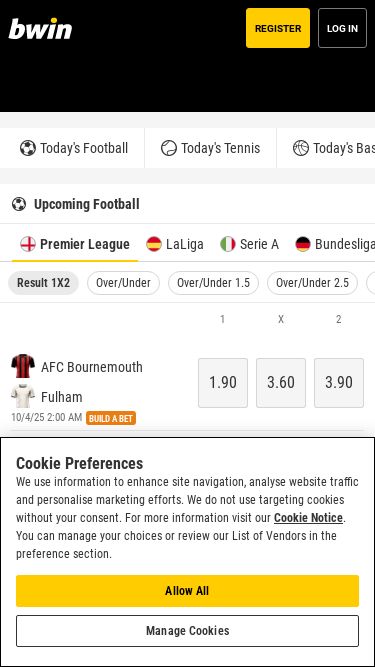 Screenshot 30/09/2025 bwin.com Online Sports Betting & Odds UK: Football, F1, More | bwin Register Log in Home Today's Football Today's Tennis Today's Basketball Today's Sport Upcoming Football Premier League LaLiga Serie A Bundesliga Ligue 1 Super Lig Jupiler Pro League UEFA Champions League UEFA Europa League UEFA Conference League Result 1X2 Over/Under Over/Under 1.5 Over/Under 2.5 Both teams to score? Double Chance 1X2 and both teams to score 1X2 & Over 2.5 1 X 2 AFC Bournemouth Fulham 10/4/25 2:00 AM Build A Bet 1.90 3.60 3.