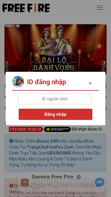 Screenshot 27/02/2025 nap.trangchufreefire.com Free Fire Đại Lộ Danh Vọng - Kênh Nhận Code & Kim Cương Free Fire