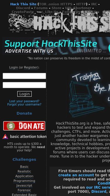 Screenshot 19/05/2025 hackthissite.org Hack This Site Hack This Site (TOR .onion HTTPS - HTTP) - IRC - Discord - Forums - Store - URL Shortener - CryptoPaste   ---   Like Us - Follow Us - Fork Us 