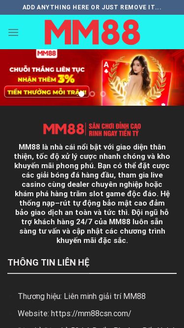 Screenshot 12/07/2025 mm88csn.com MM88 Skip to content Add anything here or just remove it... MM88 Giới Thiệu MM88 Chính Sách Bảo Mật Điều Khoản Điều Kiện Miễn Trừ Trách Nhiệm Quyền Riêng Tư Tuyển Dụng Casino Thể Thao Bắn Cá Đá Gà Game Bài Nỗ Hũ Xổ Số Khuyến Mãi Liên Hệ Tin tức MM88 là nhà cái nổi bật với giao diện thân thiện, tốc độ xử lý cược nhanh chóng và kho khuyến mãi phong phú. Bạn có thể đặt cược các giải bóng đá hàng đầu, 