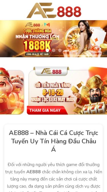 Screenshot 22/01/2026 ae888.ae.org AE888 – Nhà Cái Cá Cược Trực Tuyến Hàng Đầu Châu Á Chuyển đến nội dung Trang Chủ Thể Thao Casino Xổ Số Đá Gà Bắn Cá E-Sport Khuyến Mãi VIP 22/01/2026 01:27 (GMT+7) Đăng Nhập Đăng Ký AE888 – Nhà Cái Cá Cược Trực Tuyến Uy Tín Hàng Đầu Châu Á Đối với những người yêu thích game đổi thưởng trực tuyến AE888 chắc chắn không còn xa lạ. Nền tảng này mang đến các sân chơi cá cược chất lượng cao, đa d