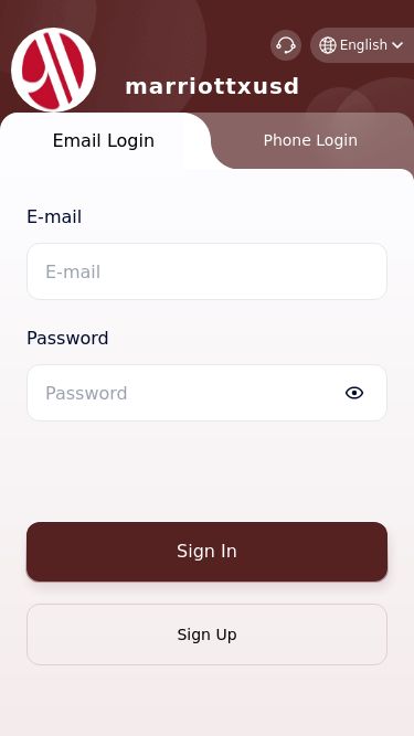 Screenshot 20/02/2025 marriottxusd.com marriottxusd marriottxusdEnglishEmail LoginPhone LoginE-mailPasswordSign InSign Up