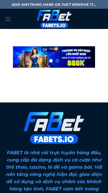 Screenshot 12/03/2025 fabets.io Trang chủ - fabets.io Chuyển đến nội dung Add anything here or just remove it... Trang chủ Thể thao Casino Xổ số Nổ hũ Bắn cá FABET là nhà cái trực tuyến hàng đầu, cung cấp đa dạng dịch vụ cá cược như thể thao, casino, lô đề và game bài. Với nền tảng công nghệ hiện đại, giao diện dễ sử dụng và dịch vụ chăm sóc khách hàng tận tình, FABET cam kết mang đến trải nghiệm cá cược an toàn, minh bạch và đẳng