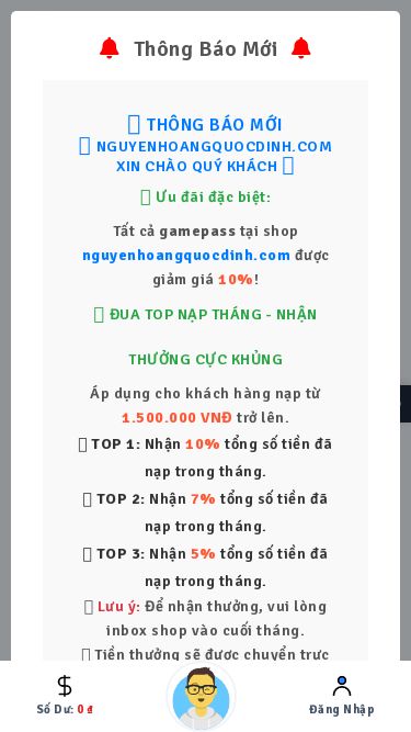 Screenshot 27/04/2025 nguyenhoangquocdinh.com Cày Thuê Blox Fruit MENU Mua Tài Khoản Lịch Sử Mua Nick Tài Khoản Loại 1 Tài Khoản Loại 2 Đơn Dịch Vụ Khác Lịch Sử Cày Thuê Rút Thưởng Trò Chơi Lịch Sử Mua Vật Phẩm Lịch Sử Giao Dịch Nạp Tiền Tài Khoản Thẻ Cào Ngân Hàng Thông Tin Tài Khoản Bài Viết Hướng Dẫn Settings Theme customizer Customize & Preview in Real Time Theme Light Dark Semi Dark Rtl Content Width Full Width Boxed Menu Layout Vertical Horizontal Menu Collapsed Menu 