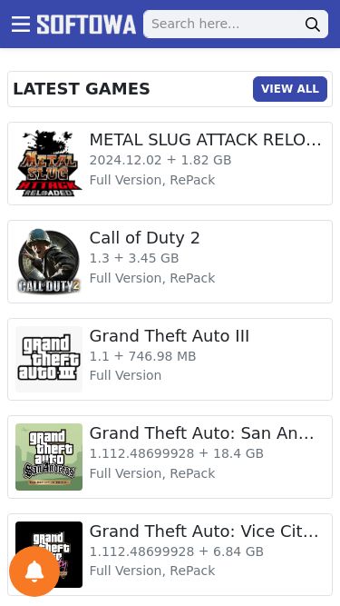 Screenshot 22/02/2025 softowa.com Softowa - Latest Windows Software Download Store   HOME   WINDOWS APPS   WINDOWS GAMES   WINDOWS OS   ACTIVATORS LATEST GAMES VIEW ALL METAL SLUG ATTACK RELOADED 2024.12.02 + 1.82 GB Full Version, RePack Call of Duty 2 1.3 + 3.45 GB Full Version, RePack Grand Theft Auto III 1.1 + 746.98 MB Full Version Grand Theft Auto: San Andreas – The Definitive Edition 1.112.48699928 + 18.4 GB Full Version, RePack Grand Theft Auto: Vice City – The Definitive Edition 1.112.48699928 + 6.84 GB Full Version, RePack Gran