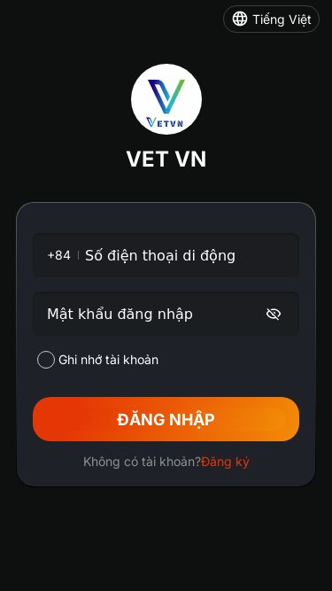 Screenshot 11/07/2025 vetvn.com VET VN Tiếng Việt VET VN E-mail Di động +84 Ghi nhớ tài khoản Đăng nhập Không có tài khoản? Đăng ký