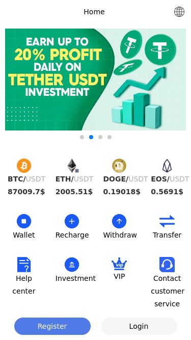 Screenshot 28/03/2025 etzbp.com Home BTC/USDT 87009.7$ ETH/USDT 2005.51$ DOGE/USDT 0.19018$ EOS/USDT 0.5691$ LTC/USDT 92.81$ BCH/USDT 323.1$ XRP/USDT 2.3351$ ETC/USDT 17.82$ BSV/USDT 35.14$ ADA/USDT 0.734$ FIL/USDT 3.006$ TRX/USDT 0.2334$ UNI/USDT 6.731$ LINK/USDT 15.425$ SOL/USDT 138.32$ AAVE/USDT 182.46$ Wallet Recharge Withdraw Transfer Help center Investment VIP Contact customer service Currency Latest price BTC/USDT 87009.7$ ETH/USDT 2005.49$ DOGE/USDT 0.19017$ EOS/USDT 0.5691$ LTC/USDT 92.81$ BCH/USDT 323.1$ XRP/USDT 2.3351$ ETC/USD
