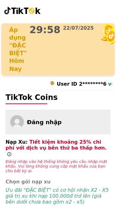 Screenshot 22/07/2025 nappxutiktok.org Nạp xu TikTok | Mua và Nạp xu để gửi quà tặng Áp dụng 