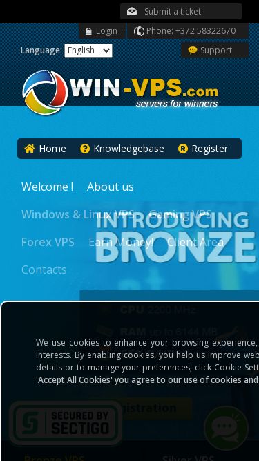 Screenshot 16/03/2025 win-vps.com Windows VPS & Linux VPS hosting - ☰×Need help?Got questions about our servers?Chat with our live operators!!   Submit a ticket Phone: +372 58322670 Login Support Language: Arabic English Russian Spanish Estonian Home Knowledgebase Register Welcome ! About us Windows & Linux VPS Wood VPS. Windows & Linux. From $2.95 /mo Bronze VPS. Windows & Linux. From $7 /mo Silver VPS. Windows & Linux. From $15 /mo Gold VPS. Windows & Linux. From $50 /mo Platinum VPS. Windows & Linux. From $