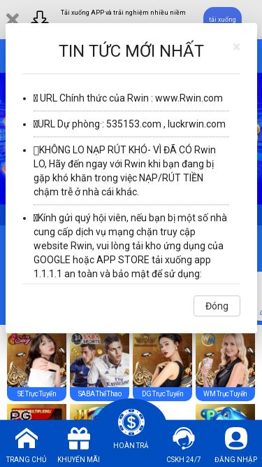 Screenshot 31/05/2025 896223.com Rwin.COM | NỔ HŨ | BẮN CÁ | THỂ THAO | SÒNG BÀI | GAME BÀI | XỔ SỐ | ĐÁ GÀ Tải xuống APP và trải nghiệm nhiều niềm vui hơn tải xuống ĐĂNG NHẬP Đăng ký L 