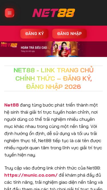 Screenshot 14/06/2026 munic.co.com Net88 | Nhà Cái Cá Cược Thể Thao #1 Phiên Bản Crystal Palace Skip to content Đăng Ký Đăng Nhập Net88 Giới thiệu CEO Thiên Kim Chứng Nhận PAGCOR Hướng Dẫn Truy Cập Net88 Khi Bị Chặn Thể Thao Casino Bắn Cá Đá Gà Nổ Hũ Xổ Số Hướng Dẫn Tin Tức Đăng Ký Đăng Nhập Trang Chủ Net88 - Link Trang Chủ Chính Thức – Đăng Ký, Đăng Nhập 2026 Net88 đang từng bước phát triển thành một hệ sinh thái giải trí trực tuyến hoà