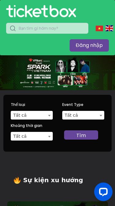 Screenshot 22/05/2025 ticketboxs.com Ticketbox Pro | Home Ticketbox Pro - Home Mua vé ngay Vé đã mua Đăng nhập | Đăng ký Ngôn ngữ English Vietnamese Home Sự kiện Thể loại Thể loại khác Sự kiện thể thao Phim ảnh Sân khấu & Nghệ thuật Music events Tất cả danh mục Bài viết contact Us Home Sự kiện Thể loại Thể loại khác Sự kiện thể thao Phim ảnh Sân khấu & Nghệ thuật Music events Tất cả danh mục Bài viết Liên hệ Home Sự kiện Thể loại Thể lo