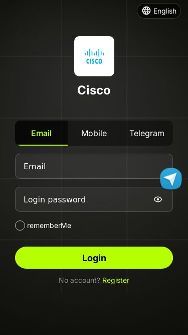 Screenshot 06/03/2025 2025website.com Cisco CiscoEnglish EnglishCiscoEmailMobileTelegramrememberMeLoginNo account? RegisterMineLeaderboardUpgradeTeamMe