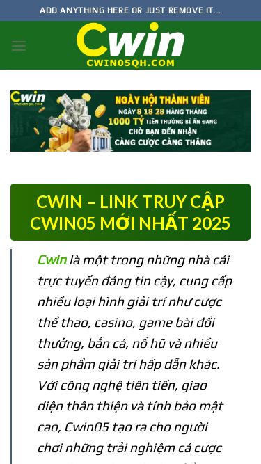 Screenshot 13/10/2025 nn88qh.com CWIN – LINK TRUY CẬP CWIN05 MỚI NHẤT 2025 Skip to content Add anything here or just remove it... Đăng Ký Đăng Nhập CWIN – LINK TRUY CẬP CWIN05 MỚI NHẤT 2025 Cwin là một trong những nhà cái trực tuyến đáng tin cậy, cung cấp nhiều loại hình giải trí như cược thể thao, casino, game bài đổi thưởng, bắn cá, nổ hũ và nhiều sản phẩm giải trí hấp dẫn khác. Với công nghệ tiên tiến, giao diện thân thiện và tính bảo mậ