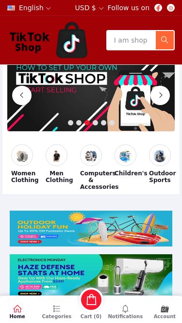 Screenshot 22/02/2025 tkshopjzf.com TikTok Shop | Hot Deals,Best prices English English Vietnam USD $ USD ($) VND (đ) Follow us on Help line 0091 7795268971 Login Registration 0 Compare 0 Wishlist 0 Cart Your Cart is empty Categories See All > women's fashion bag Women Clothing Men Clothing Computers & Accessories Children's Outdoor Sports Automobile & Motorcycle Jewelry & Watches phone accessories Home Improvement & Tools Home decoration & Appliance 123456 Women Clothing Men Clothing Computers & Accessories Childr