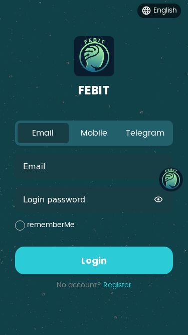 Screenshot 22/02/2025 febit.vip FEBIT FEBITEnglish EnglishFEBITEmailMobileTelegramrememberMeLoginNo account? RegisterMineLeaderboardUpgradeMe