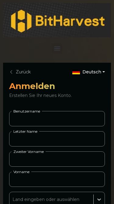 Screenshot 11/03/2025 bitharvest.eu BitHarvest-Registrierung - Jetzt an den Kryptogewinnen teilhaben Registrieren Hilfe & Support Weitere Informationen Menü Registrieren Hilfe & Support Weitere Informationen Datenschutzerklärung Impressum Menü Datenschutzerklärung Impressum (c) ovm internetservice