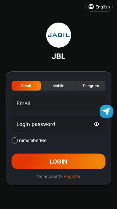 Screenshot 25/02/2025 jbl-airdrop.vip JBL JBLEnglish EnglishJBLEmailMobileTelegramrememberMeLoginNo account? RegisterMineLeaderboardUpgradeTeamMe