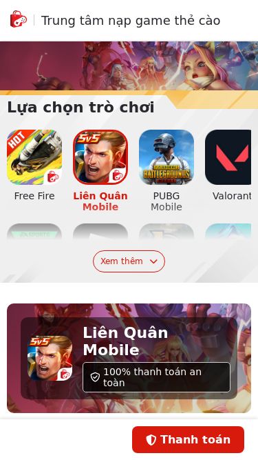 Screenshot 28/02/2025 napthevnnew.com Liên Quân Mobile - Trung tâm nạp game thẻ cào Trung tâm nạp game thẻ cào Lựa chọn trò chơi Free Fire Liên Quân Mobile PUBG Mobile Valorant FC Online (VN) Roblox Liên Minh Huyền Thoại LMHT: Tốc Chiến FC Online M (VN) Xem thêm Liên Quân Mobile 100% thanh toán an toàn 1 Đăng nhập UID người chơi Hướng dẫn lấy UID Đăng nhập Nhận ngay trang phục Nakroth Bạch Diện Chiến Thương Khi nạp thẻ lần đầu có mệnh giá từ 500.000 ₫ trở lên