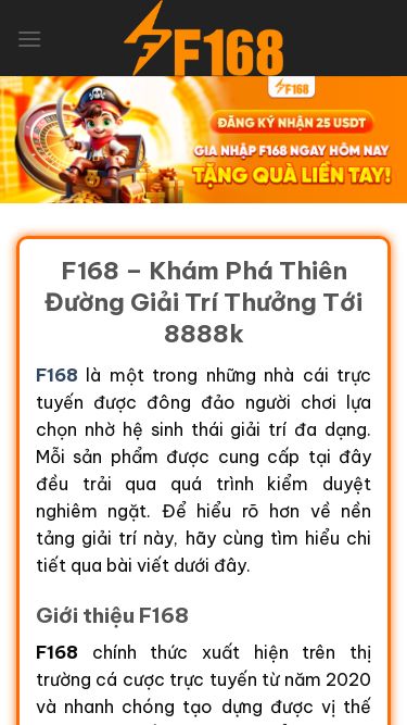 Screenshot 06/06/2026 f168lv.com F168 - Khám Phá Thiên Đường Giải Trí Thưởng Tới 8888k Skip to content F168 THỂ THAO CASINO XỔ SỐ ĐÁ GÀ NỔ HŨ GAME BÀI Khuyến Mãi ĐĂNG KÝ ĐĂNG NHẬP F168 – Khám Phá Thiên Đường Giải Trí Thưởng Tới 8888k F168 là một trong những nhà cái trực tuyến được đông đảo người chơi lựa chọn nhờ hệ sinh thái giải trí đa dạng. Mỗi sản phẩm được cung cấp tại đây đều trải qua quá trình kiểm duyệt nghiêm n