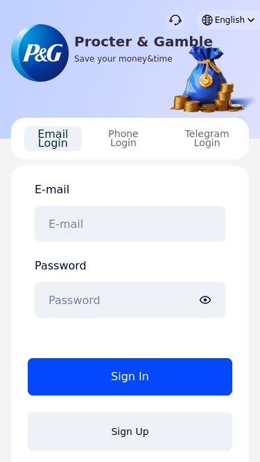 Screenshot 16/05/2025 ai.pg-blockchain.com Procter & Gamble Procter & Gamble Save your money&time English Email Login Phone Login Telegram Login E-mail Password Sign In Sign Up