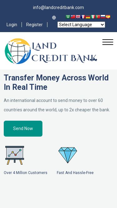 Screenshot 06/05/2025 landcreditbank.com Land Credit Bank - Safe And Secure info@landcreditbank.com Login Register Select Language Afrikaans Albanian Arabic Armenian Azerbaijani Basque Belarusian Bulgarian Catalan Chinese (Simplified) Chinese (Traditional) Croatian Czech Danish Dutch English Estonian Filipino Finnish French Galician Georgian German Greek Haitian Creole Hebrew Hindi Hungarian Icelandic Indonesian Irish Italian Japanese Korean Latvian Lithuanian Macedonian Malay Maltese Norwegian Persian Polish Portuguese Romanian Russian Serbian Sl